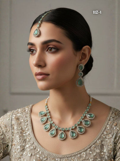 Emerald Zircon Necklace Set with Tikka – Premium Artificial Jewellery for Walima