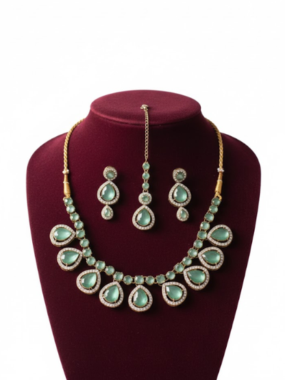 Emerald Zircon Necklace Set with Tikka – Premium Artificial Jewellery for Walima