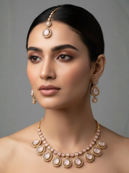 Emerald Zircon Necklace Set with Tikka – Premium Artificial Jewellery for Walima