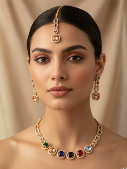 Naurattan Necklace Set with Tikka & Earrings – Traditional Pakistani Bridal Jewellery
