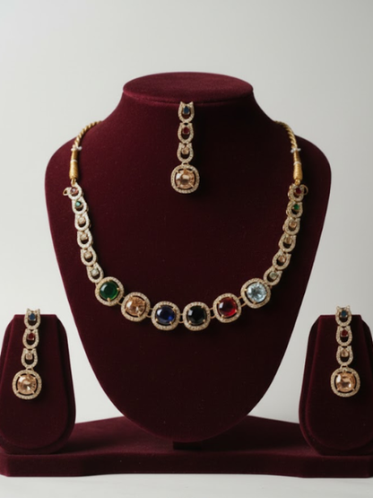 Naurattan Necklace Set with Tikka & Earrings – Traditional Pakistani Bridal Jewellery