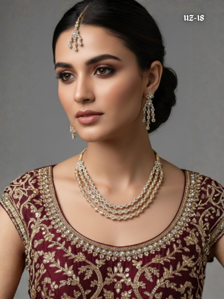 Triple-Layer Zircon Mala Set with Tikka – Premium Artificial Jewellery for Walima