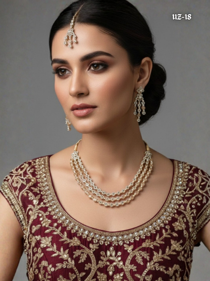 Triple-Layer Zircon Mala Set with Tikka – Premium Artificial Jewellery for Walima