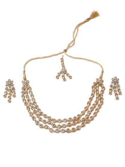 Triple-Layer Zircon Mala Set with Tikka – Premium Artificial Jewellery for Walima
