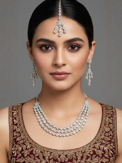 Triple-Layer Zircon Mala Set with Tikka – Premium Artificial Jewellery for Walima
