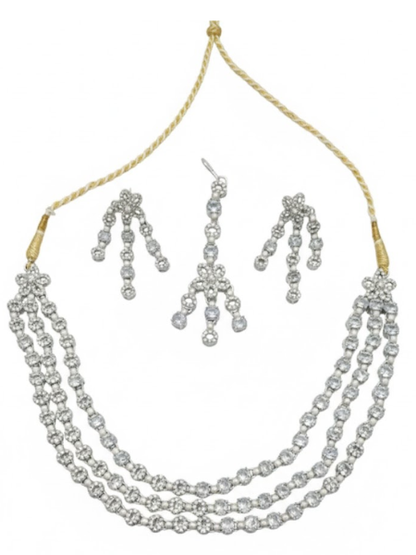 Triple-Layer Zircon Mala Set with Tikka – Premium Artificial Jewellery for Walima
